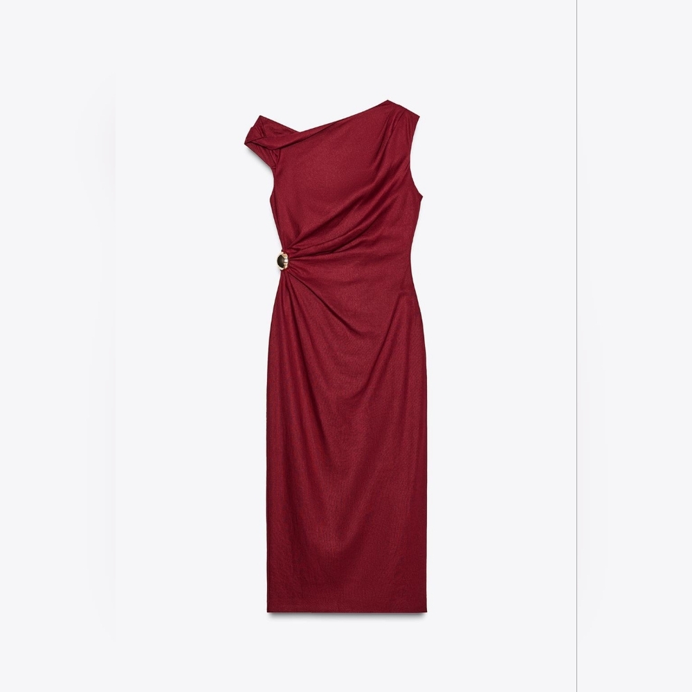 ❌️SOLD❌️RUCHED LINEN BLEND MIDI DRESS SIZE L - Picture 6 of 8